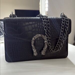 Black Croc-Embossed Chain Shoulder Bag
